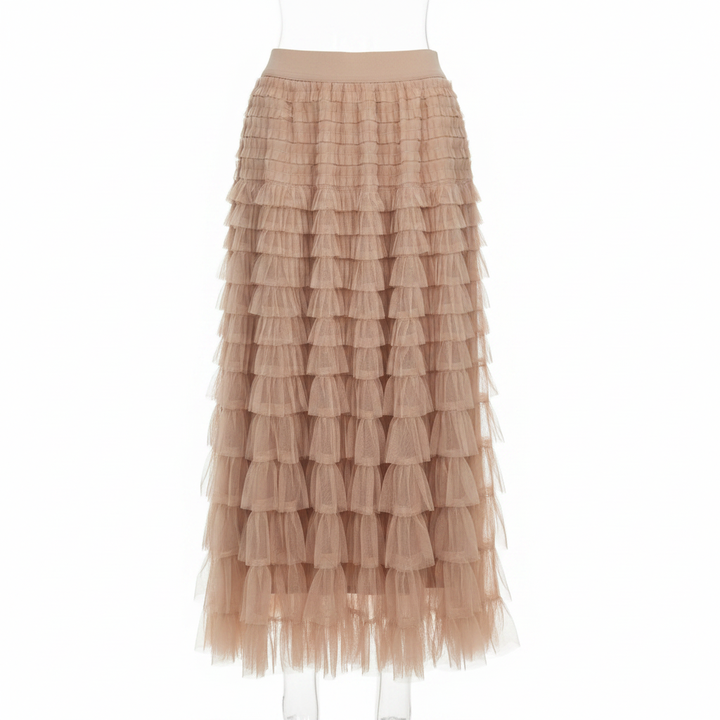 Beige Tiered Ruffle Midi Skirt - Ghost Mannequin