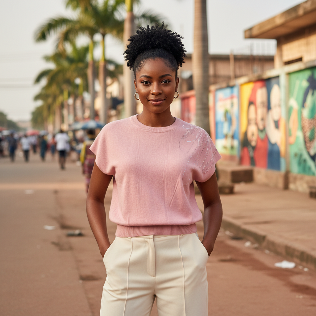 Young Nigerian female wearing pink rhinestone knit cap sleeve top