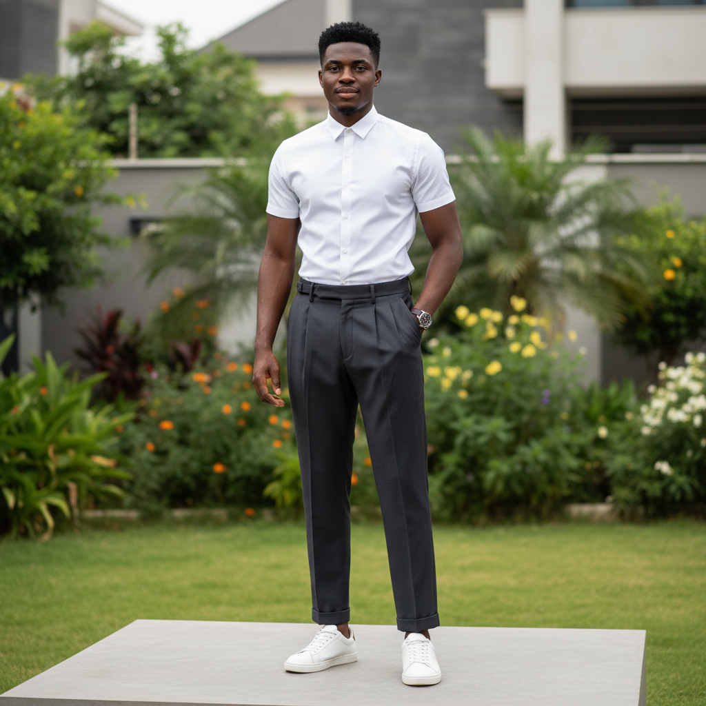 Nigerian male model wearing dark grey Gurkha dress trousers