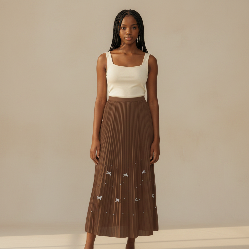 Nigerian girl wearing caramel brown bow pleated midi skirt - front view