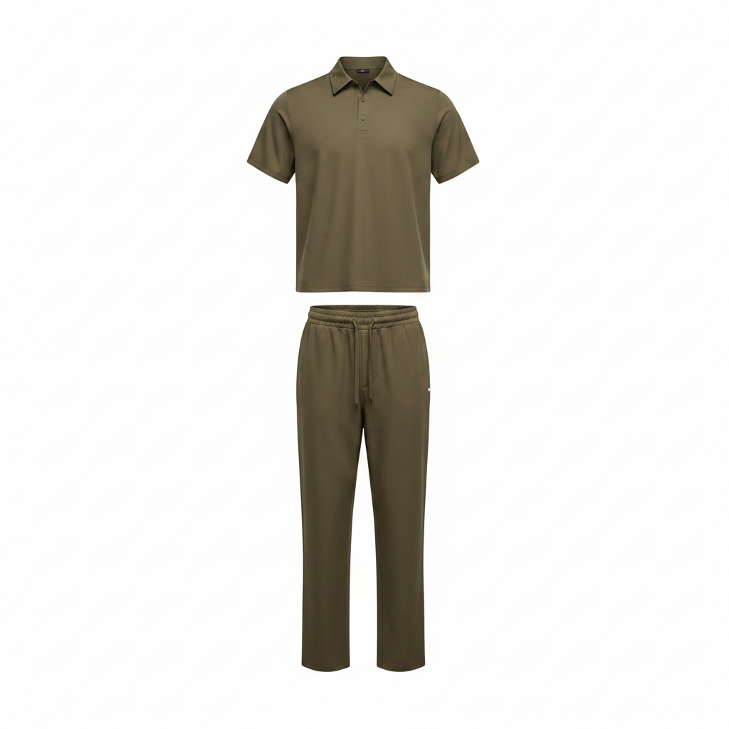 Ghost mannequin view of Unisex Olive Green Shirt & Straight-Leg Trousers Co-ord Set
