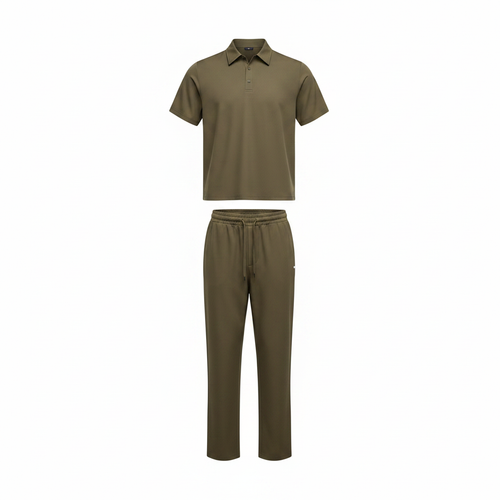 Ghost mannequin view of Unisex Olive Green Shirt & Straight-Leg Trousers Co-ord Set
