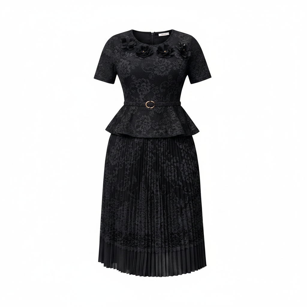 Ghost mannequin view of black lace floral peplum top and pleated midi skirt set