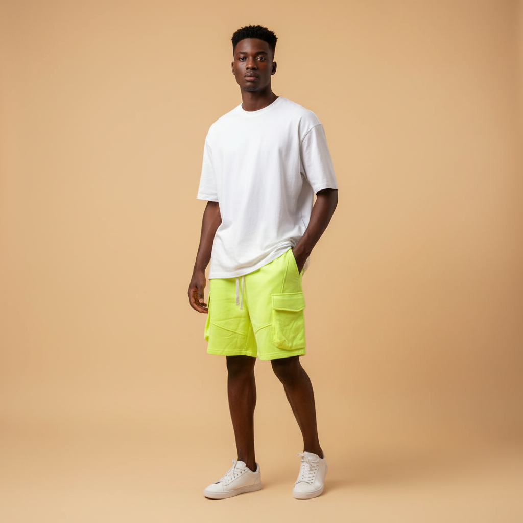 VCE Homme Neon Yellow Cargo Shorts - Model Shot