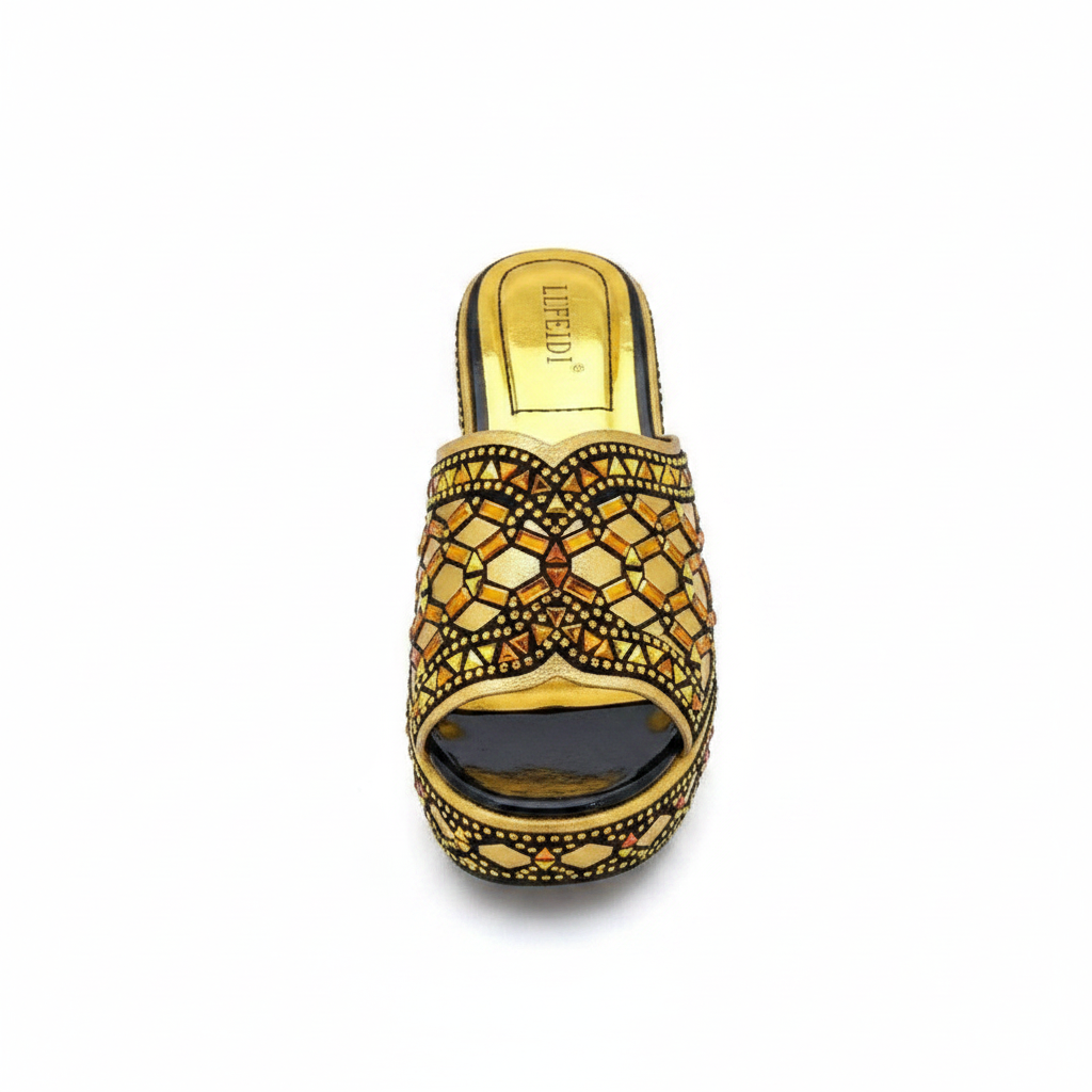 Women's gold rhinestone mosaic platform wedge mule ghost mannequin view