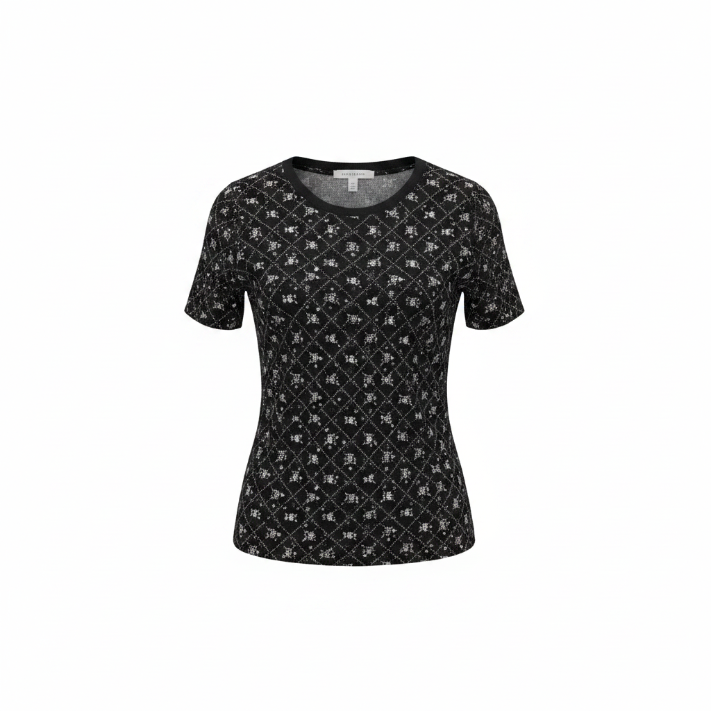 Ghost mannequin — Women's Black Floral Print Short-Sleeve Top