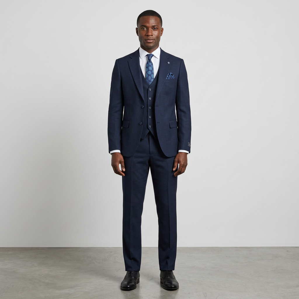 Full-body Black adult model wearing a dark navy three-piece suit