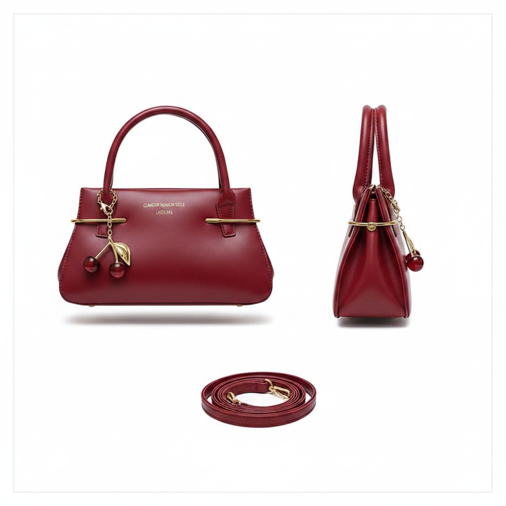 Wine red leather mini handbag ghost mannequin front and side view with red cherry charm and crossbody strap