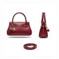 Wine red leather mini handbag ghost mannequin front and side view with red cherry charm and crossbody strap