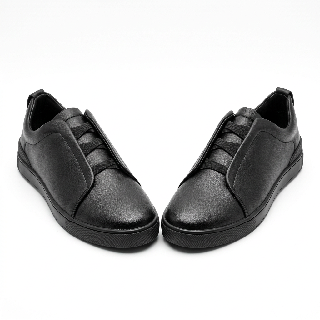 Pair of black pebbled-panel lace-up shoes on white