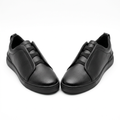 Pair of black pebbled-panel lace-up shoes on white