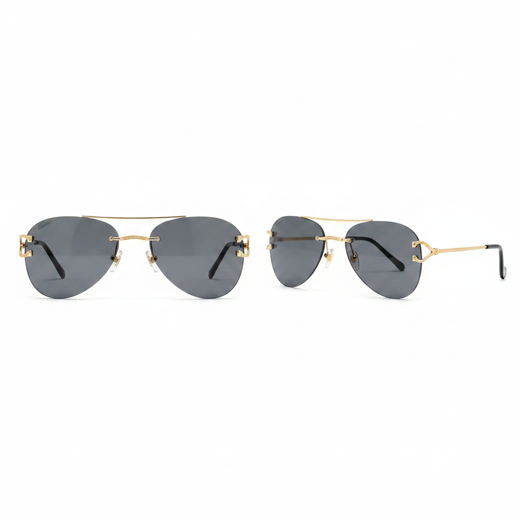 Unisex rimless aviator sunglasses solid dark grey charcoal lens slim gold ornate double-bar bridge black acetate tip temple arms – front and side view