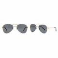 Unisex rimless aviator sunglasses solid dark grey charcoal lens slim gold ornate double-bar bridge black acetate tip temple arms – front and side view