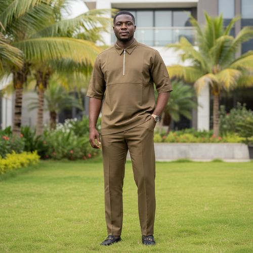 Men's Khaki 3/4 Sleeve Zip Shirt & Straight-Leg Trousers Co-ord Set – Model Shot