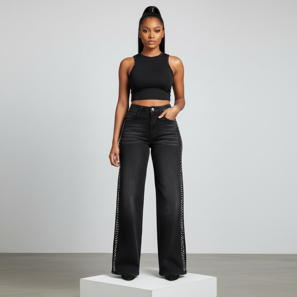 Black Washed Side-Rhinestone Wide-Leg Jeans - Model Front