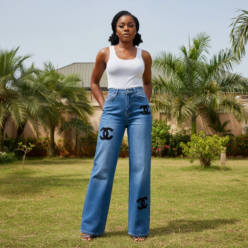 Front view - Blue Logo Patch Wide-Leg Jeans