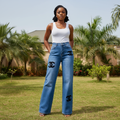 Front view - Blue Logo Patch Wide-Leg Jeans