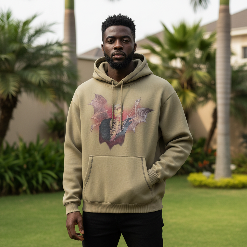 Khaki skeleton bat wing hoodie front view on Nigerian male model