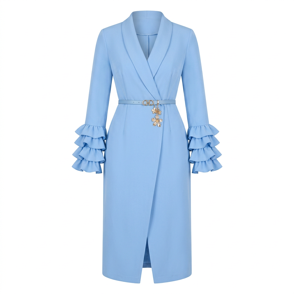 Light-blue belted ruffle-cuff wrap-style midi dress, ghost-mannequin view