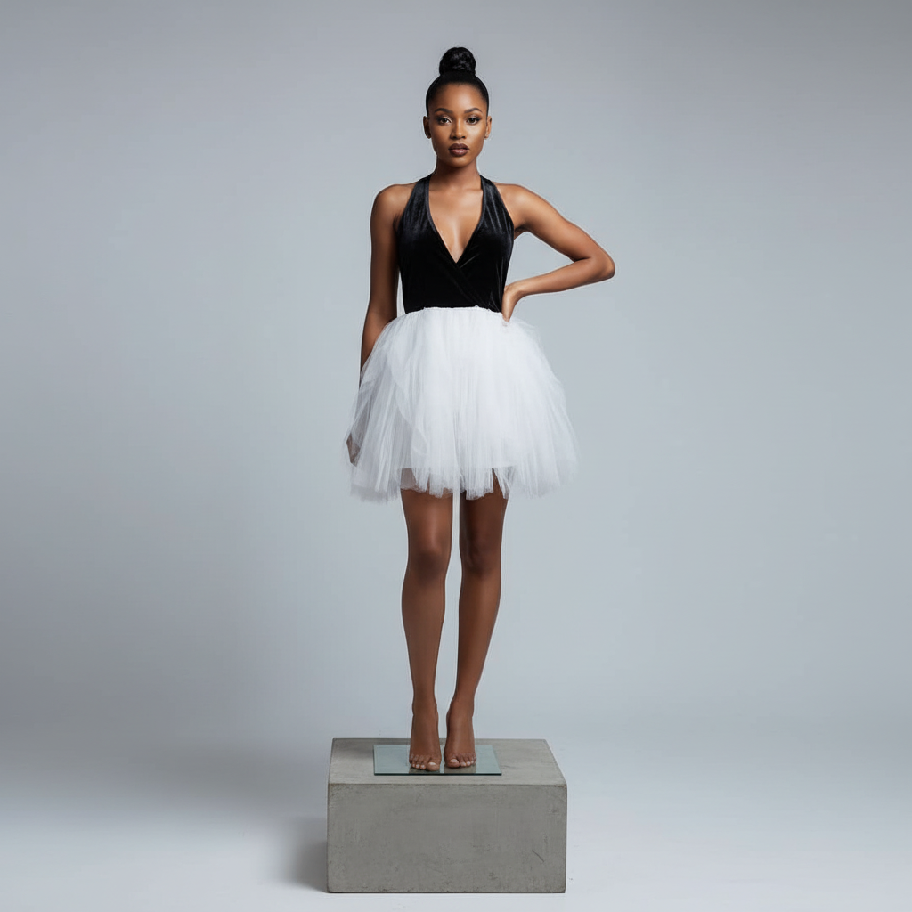 Black White Velvet Tulle Halter Mini Dress – Model Shot