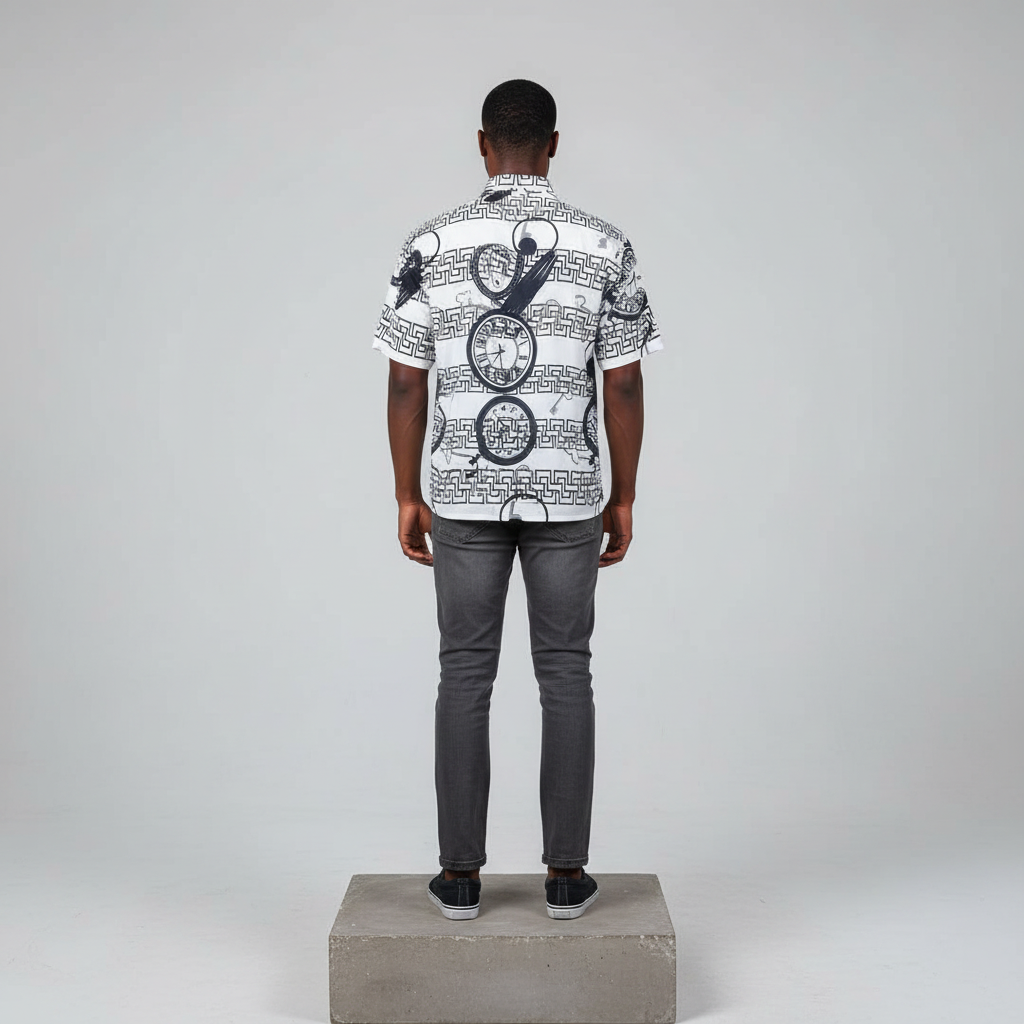 White Clock & Maze Print Short-Sleeved Shirt - Model Back