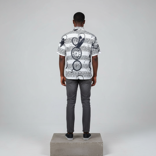 White Clock & Maze Print Short-Sleeved Shirt - Model Back