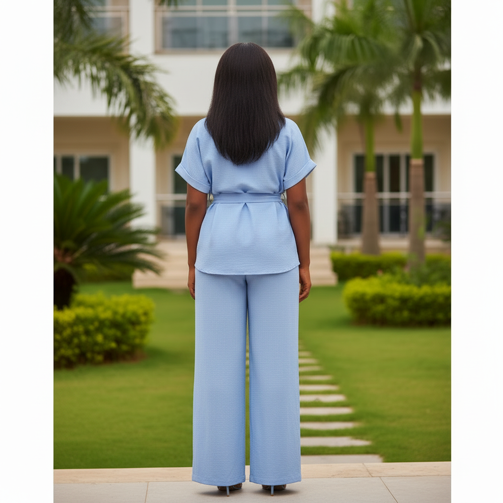 Nigerian female model wearing sky blue linen co-ord shirt and trouser set - back view