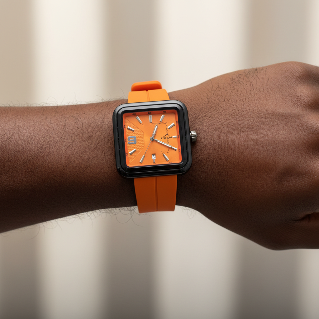 Orange square wristwatch worn on a Black man's wrist