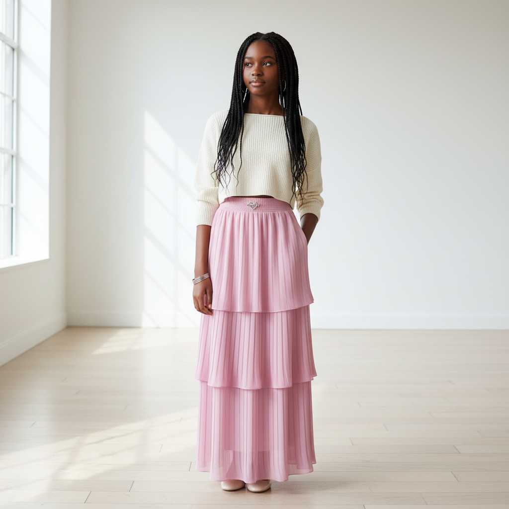 Nigerian teenage girl wearing pink tiered pleated chiffon maxi skirt