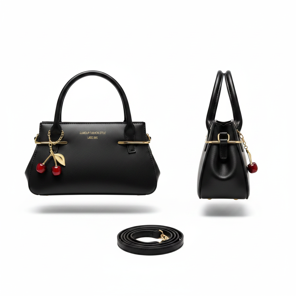 Black leather mini handbag ghost mannequin front and side view with red cherry charm and crossbody strap