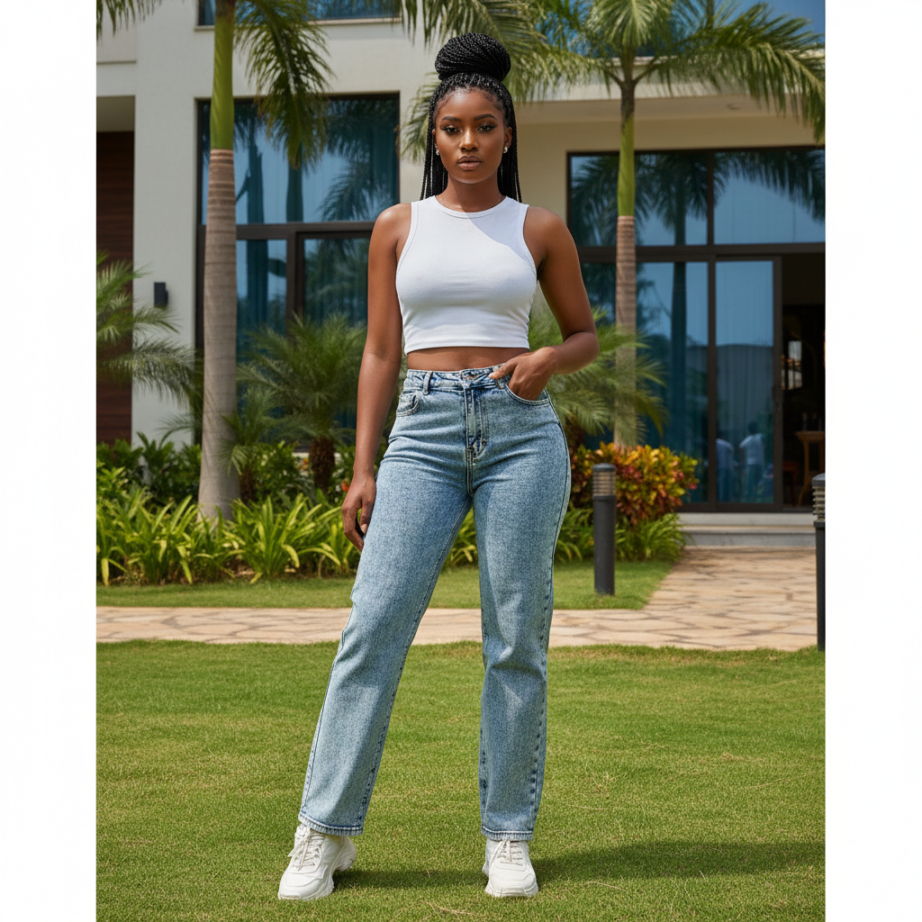 Model shot — Women's Light Blue Acid-Wash Straight-Leg Denim Jeans