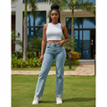 Model shot — Women's Light Blue Acid-Wash Straight-Leg Denim Jeans