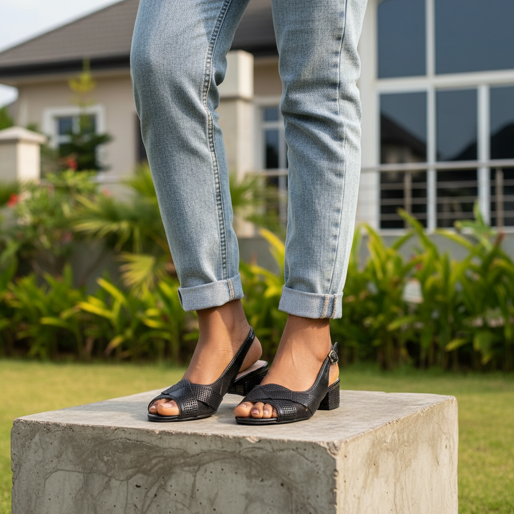 Women's black perforated peep-toe block heel half shoe - Nigerian female model leg focus