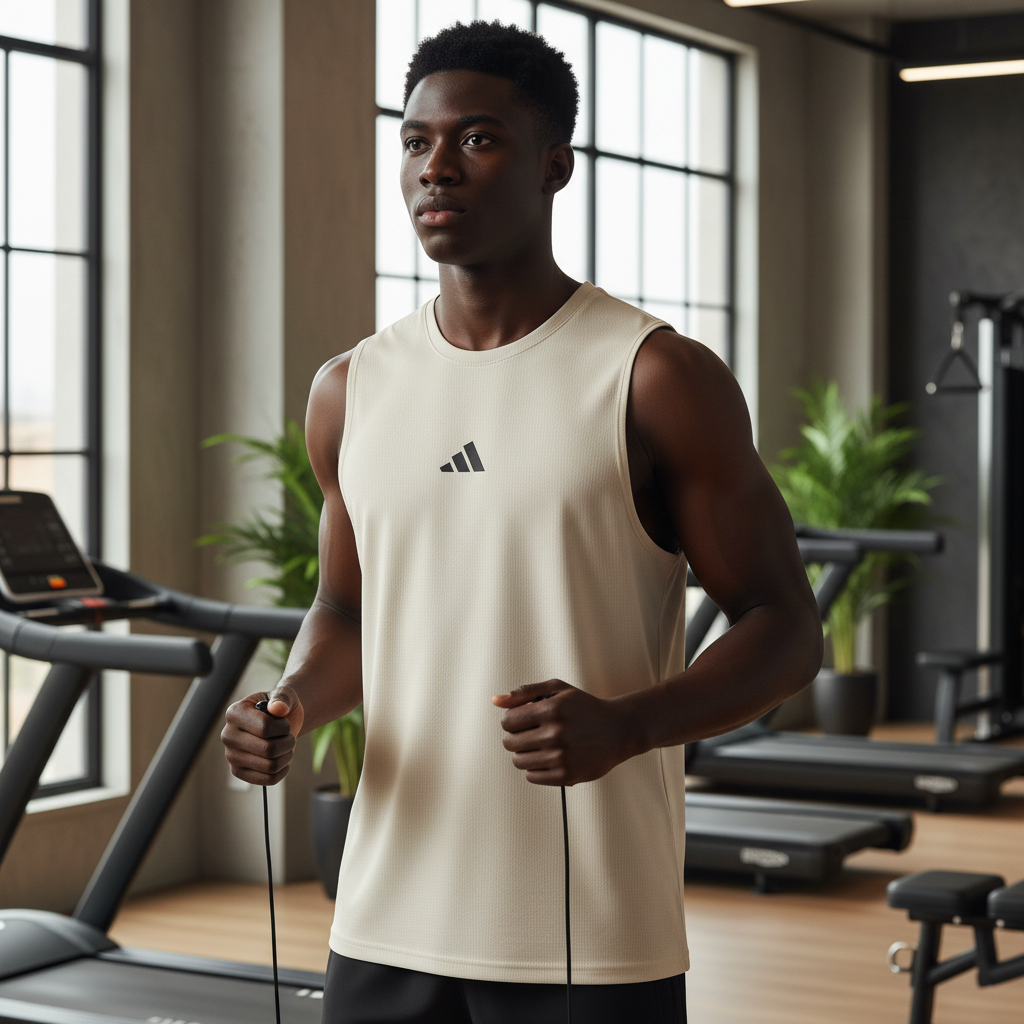 Adidas off-white sleeveless sport vest on male model