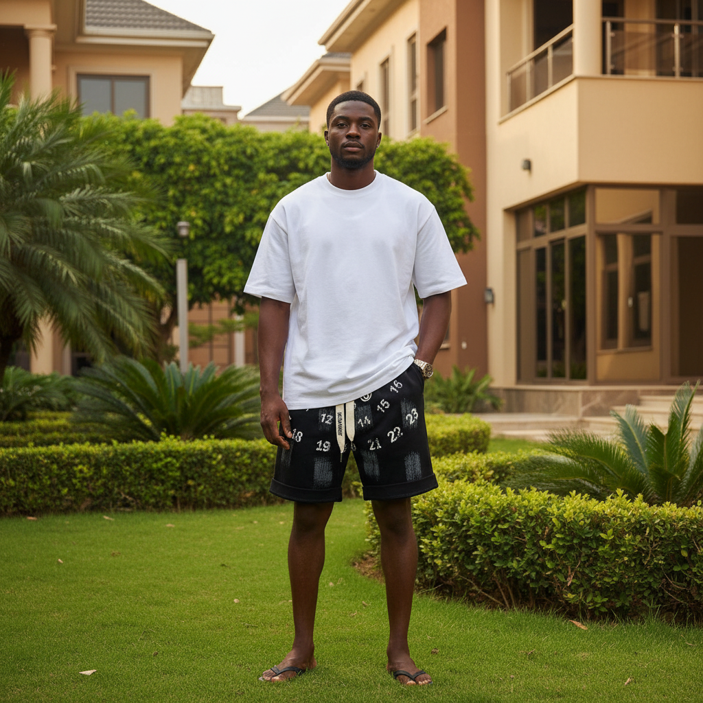 Nigerian male model wearing black scattered number print fleece drawstring shorts in upscale outdoor setting