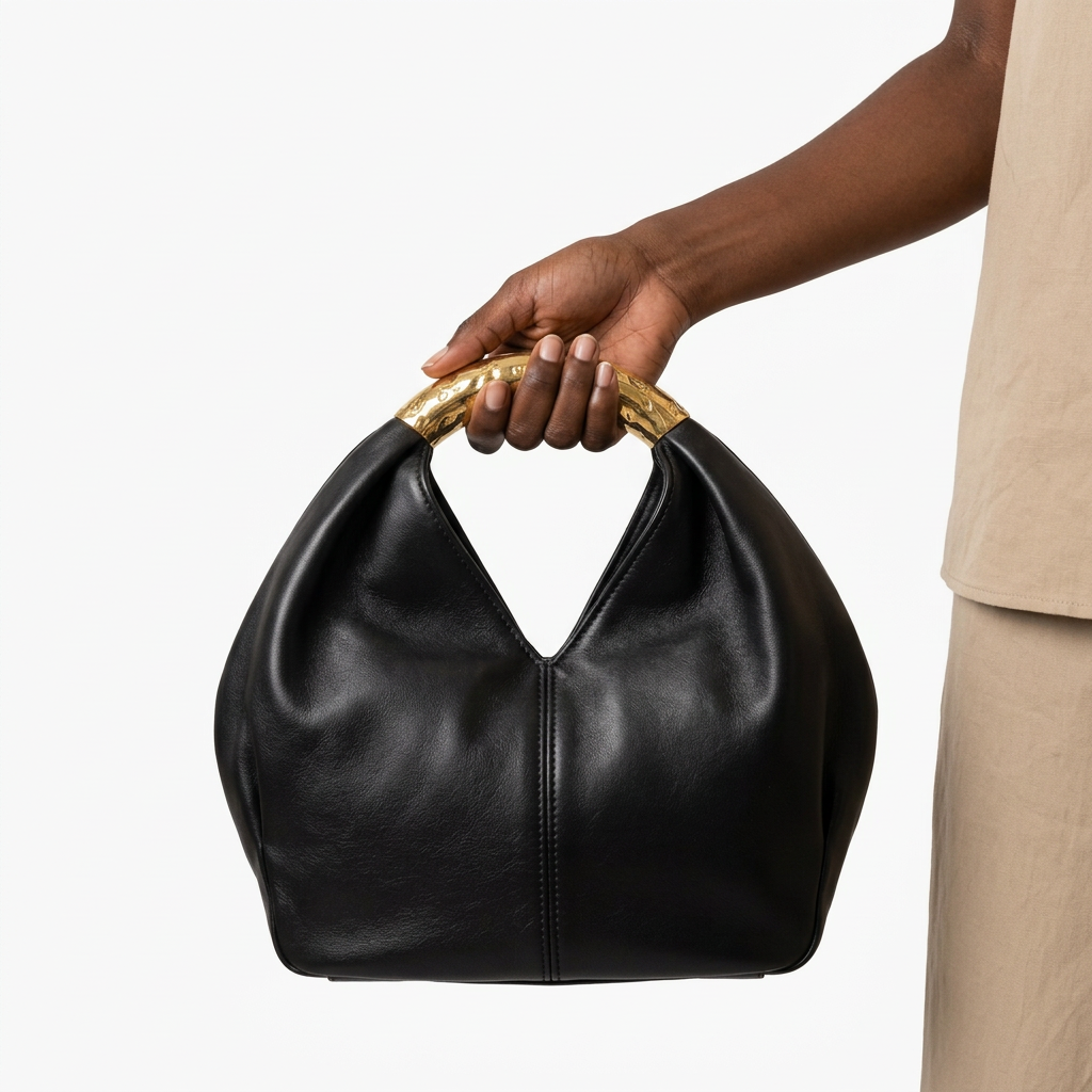 Black rounded handbag held by one hand at its gold-tone handle