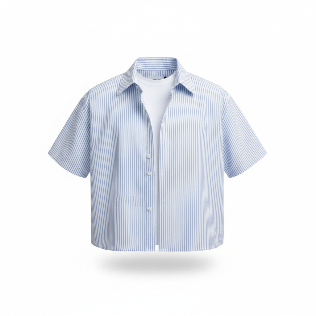 Men's light blue and white fine pinstripe boxy short-sleeve shirt with open collar, ghost mannequin front view