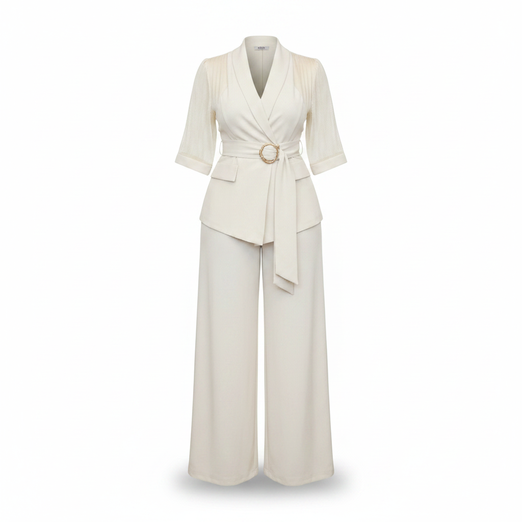 Women's 3/4-sleeve wrap-front belted wide-leg jumpsuit in white – ghost mannequin front view