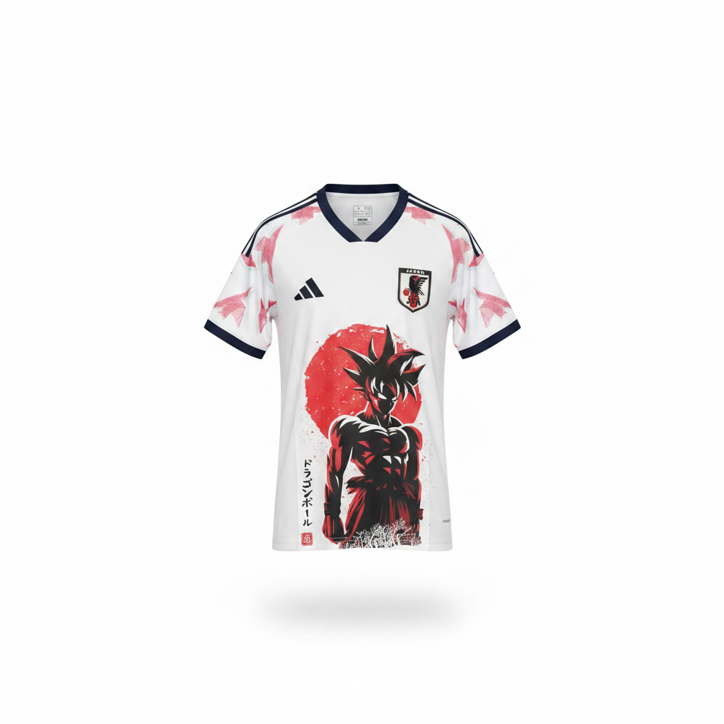 Men's white anime warrior rising sun V-neck football jersey ghost mannequin front view