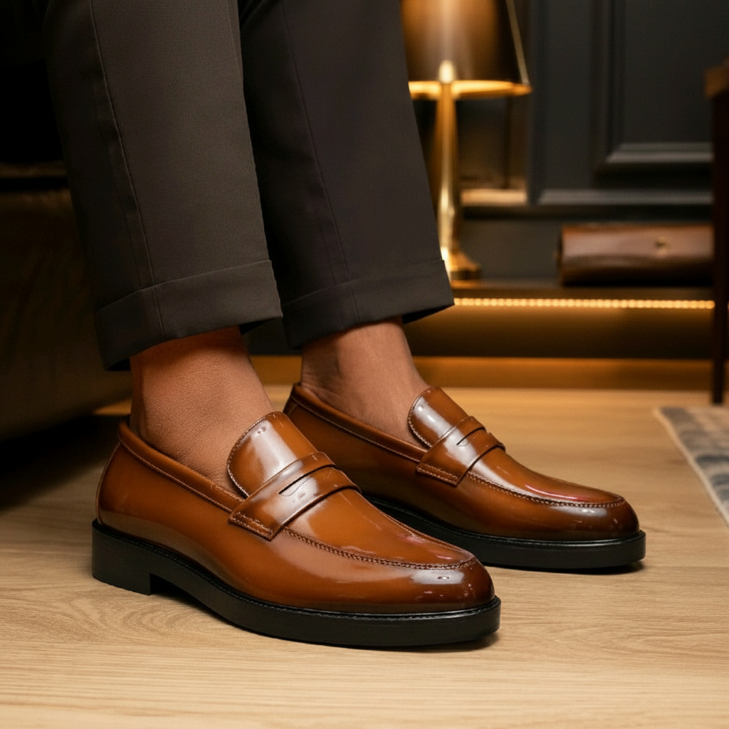 Tan Caramel Burnished Leather Penny Loafer - Model Shot