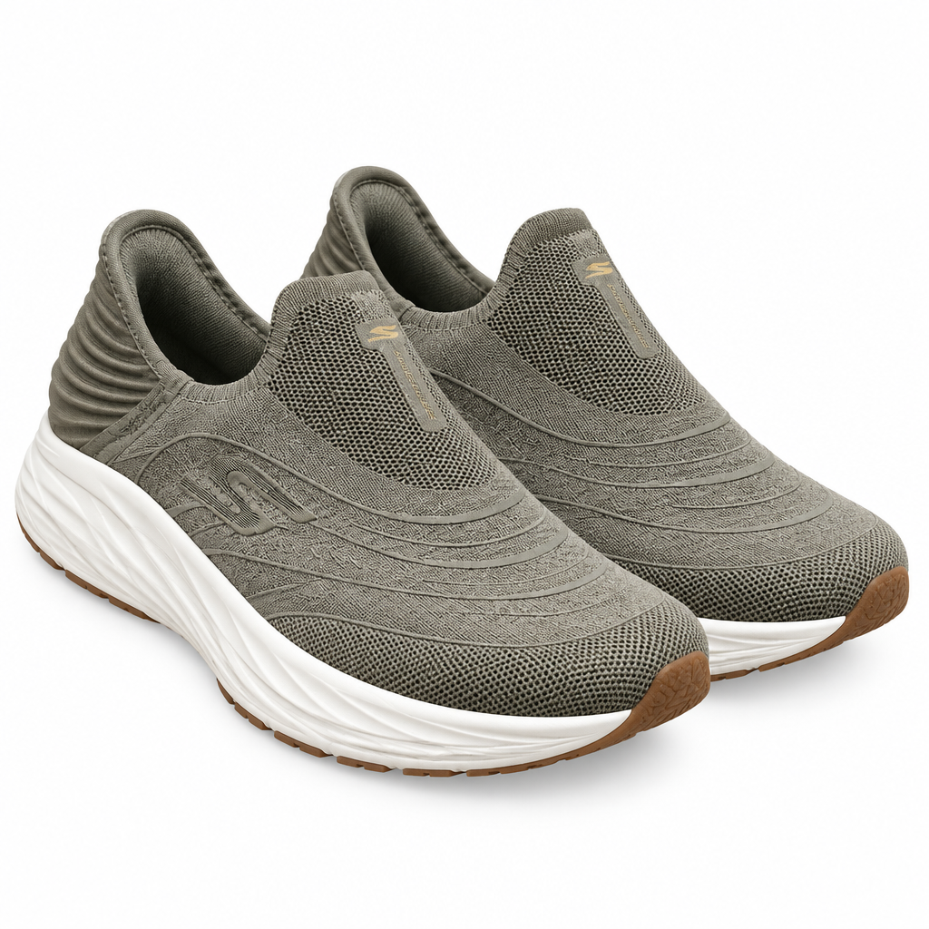 Taupe knit slip-on cushioned walking sneakers pair