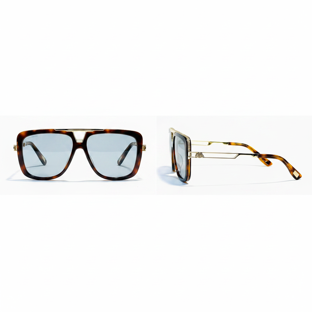 Unisex tortoiseshell square sunglasses with gold top bar – front and side ghost mannequin view on white background