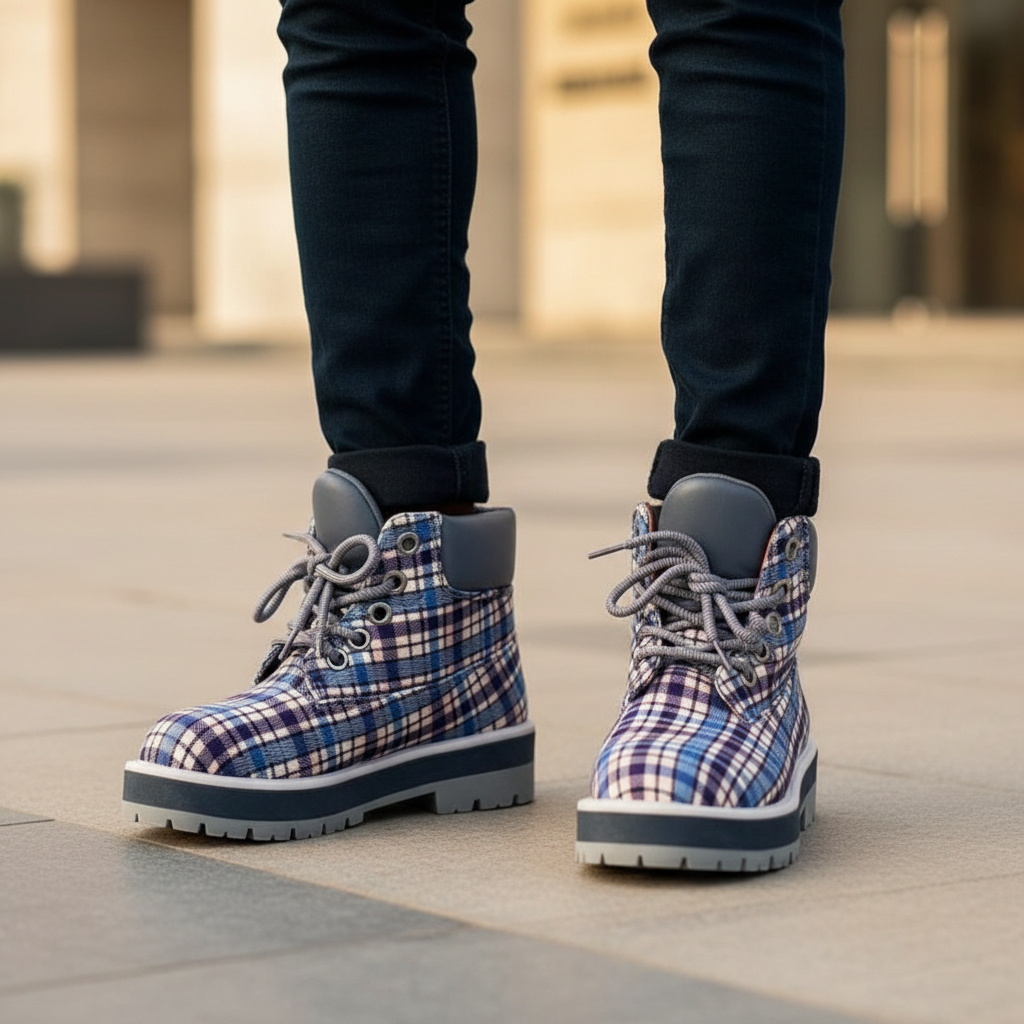 Nigerian male model wearing blue navy tartan plaid Timberland 6-inch heritage boots, tight zoomed-in heritage-streetwear leg focus lifestyle shot
