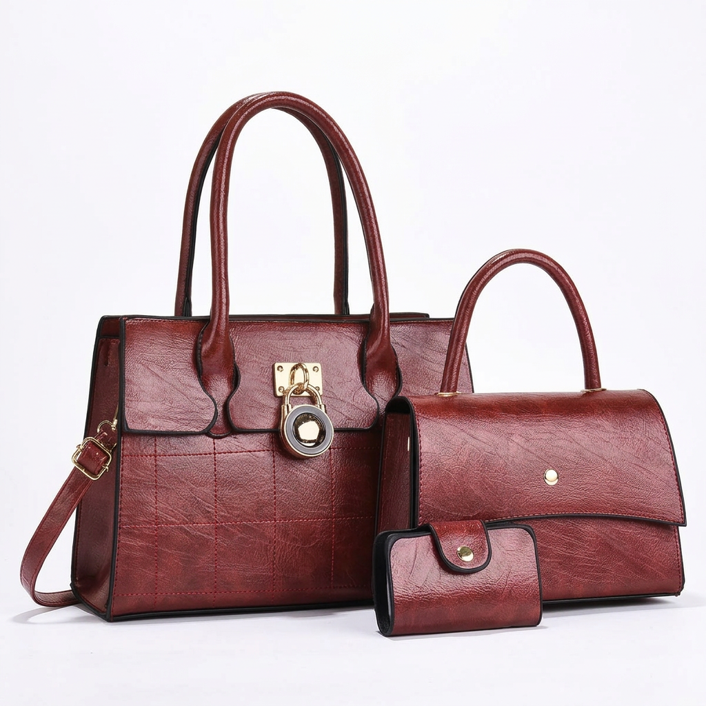 Wine three-piece set with two top-handle handbags and snap wallet on a white background