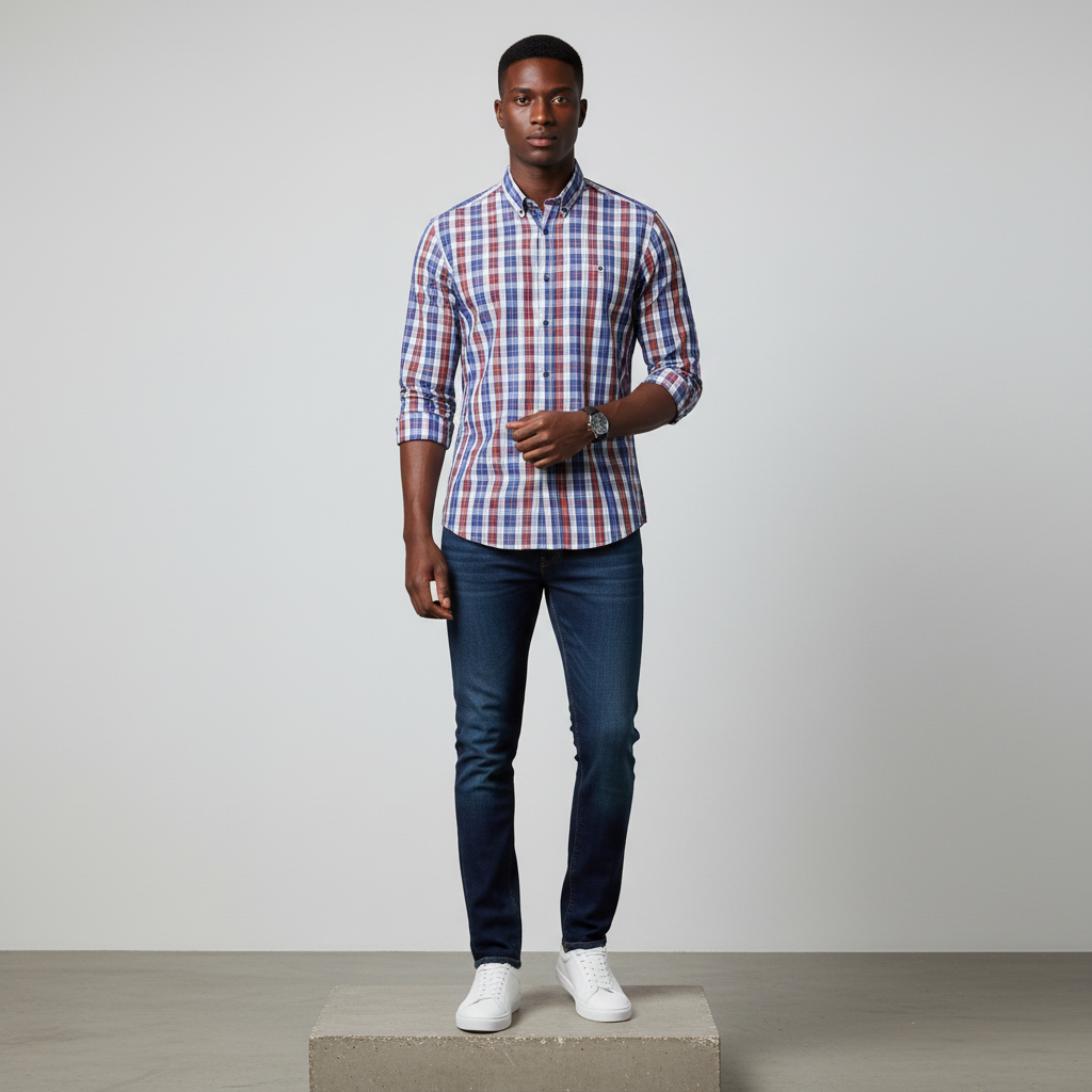 Blue Red & White Plaid Long-Sleeved Shirt - Model Shot