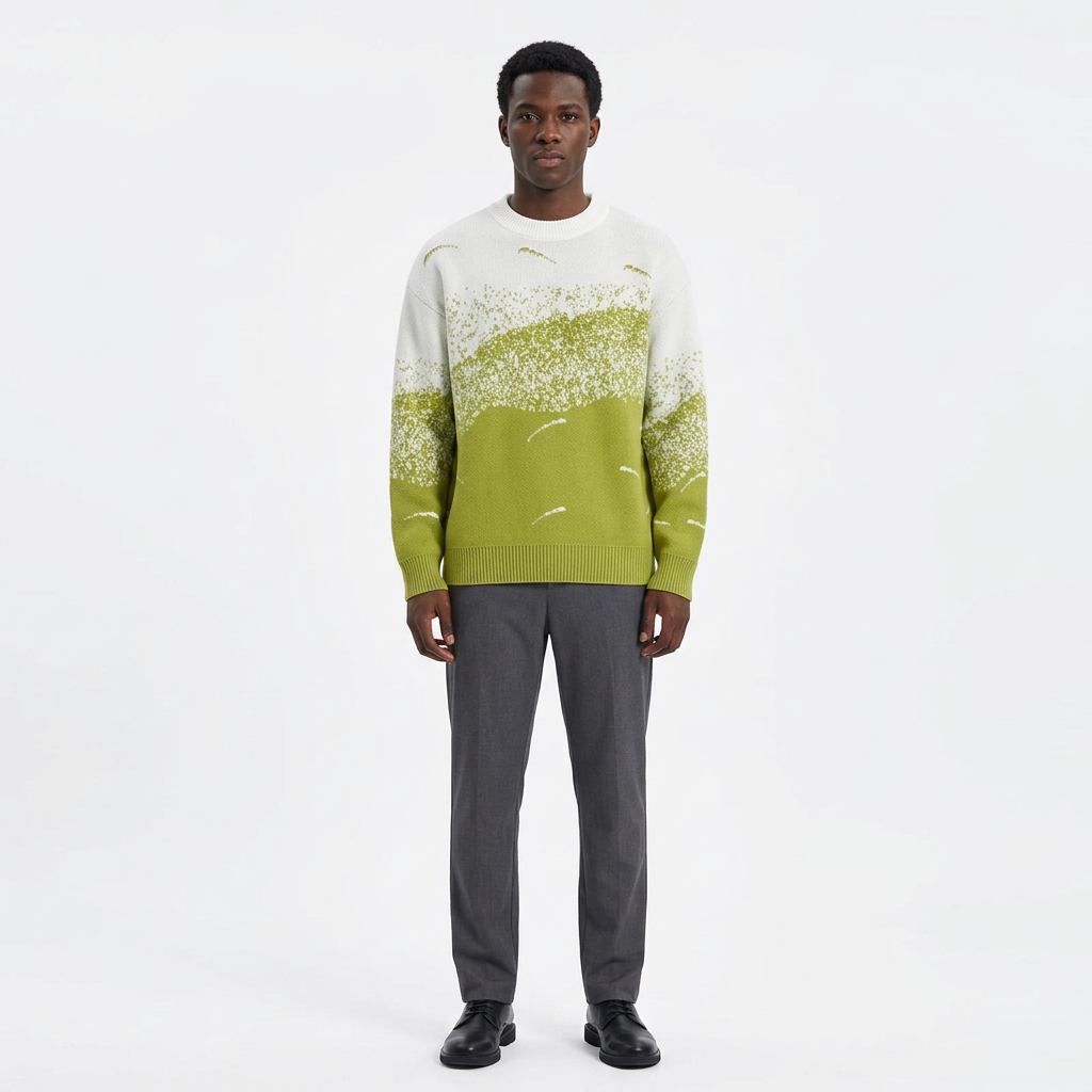 Full-body male model wearing a white and lime-green speckled knit sweater