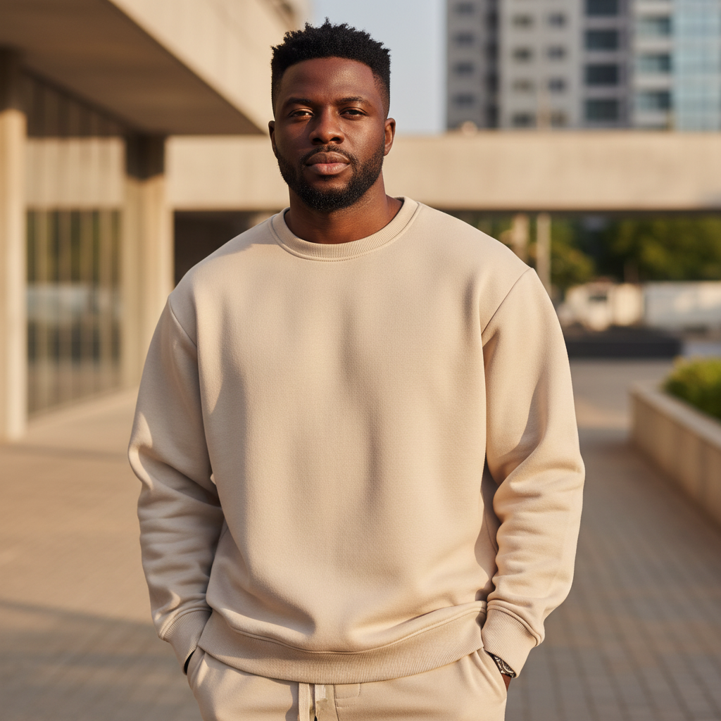 Plain Beige Sweatshirt front view on Nigerian male model
