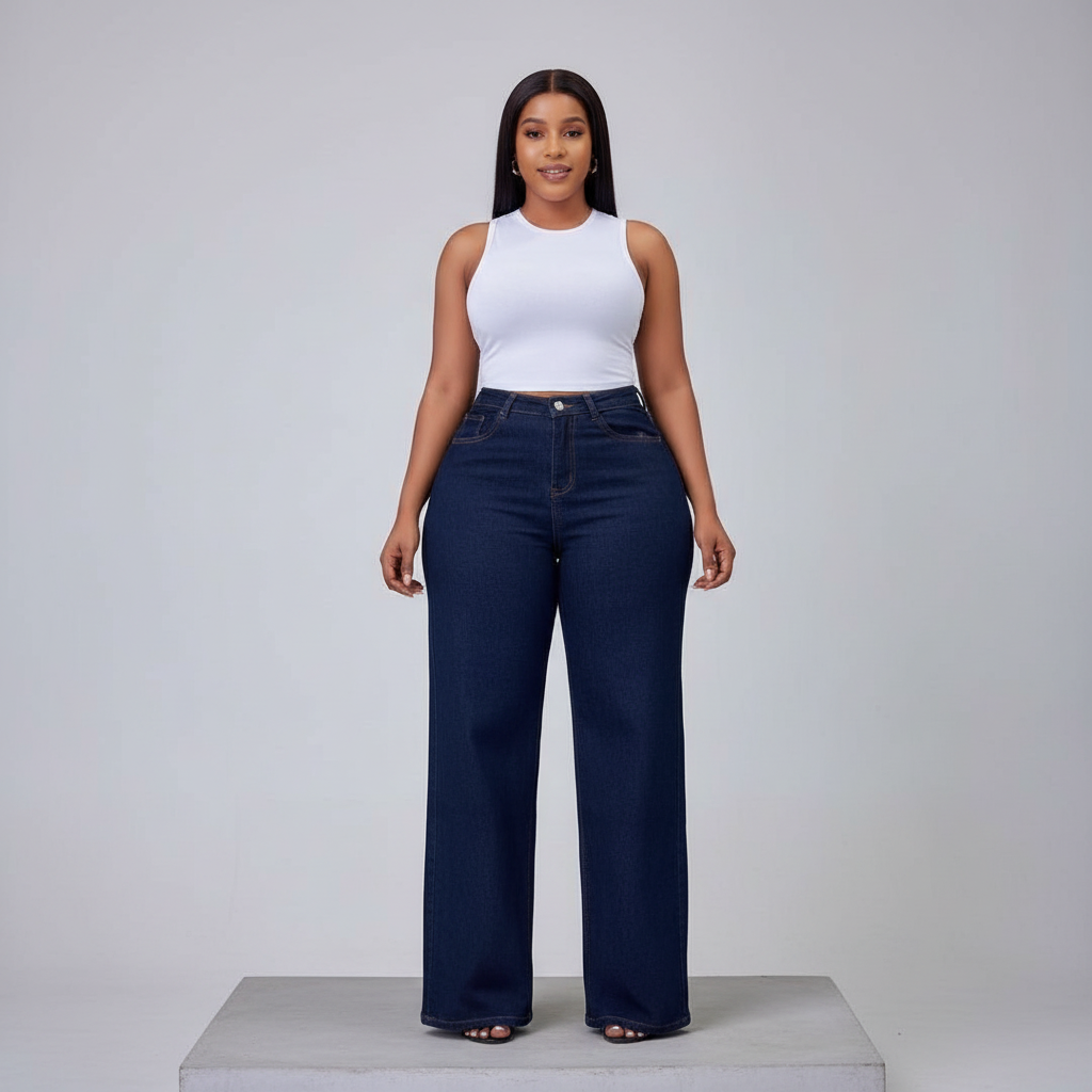 Navy Blue High-Waist Palazzo Jeans – Model Front