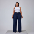 Navy Blue High-Waist Palazzo Jeans – Model Front