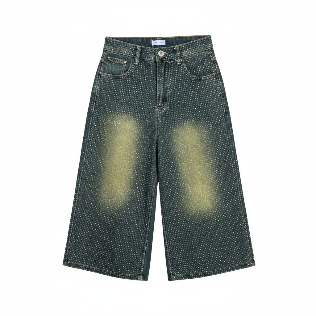 Women's dark teal rhinestone wide leg cropped denim jeans ghost mannequin view on white background